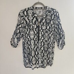 Calvin Klein Women's Abstract Black White 3/4 Sleeve Blouse Pullover M Classy